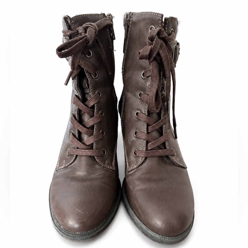 Bass & Co Brown Lace Up Heeled Ankle Boots Faux Fur Trim Size 8